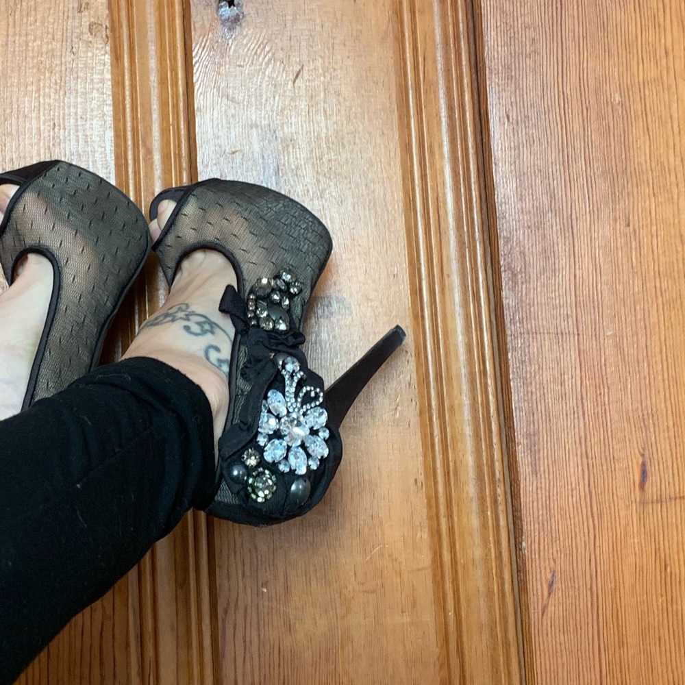 WILD PAIR open toe pumps w rhinestone accent